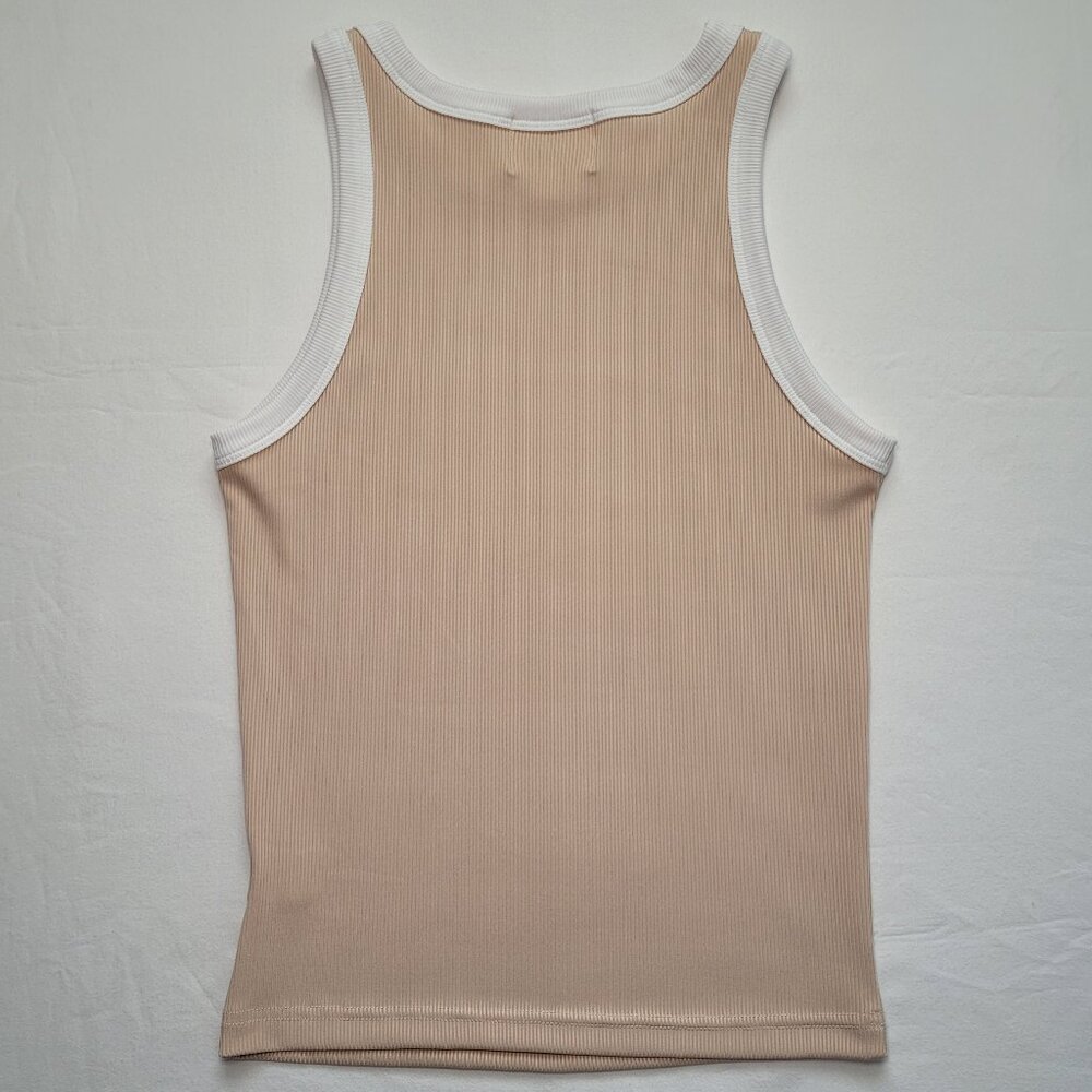 Salty Wave Ribbed Ringer Tank Top Beige Tan High Neck Racerback Small Coastal - Picture 2 of 8